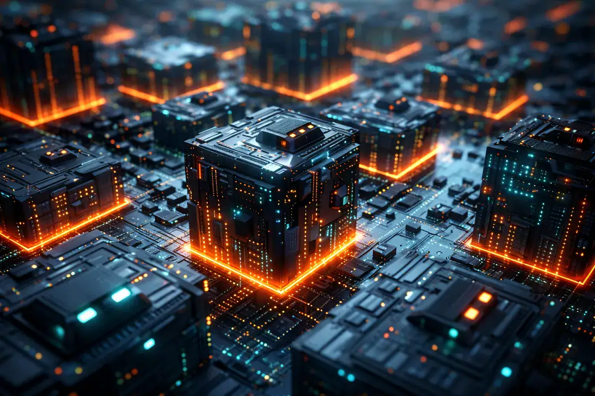 L'Italia sotto assedio digitale: 18.500 attacchi in un anno e danni per miliardi. Cyber risk PMI visualizzato come infrastruttura digitale futuristica con nodi tecnologici interconnessi e flussi di dati luminosi su circuiti elettronici