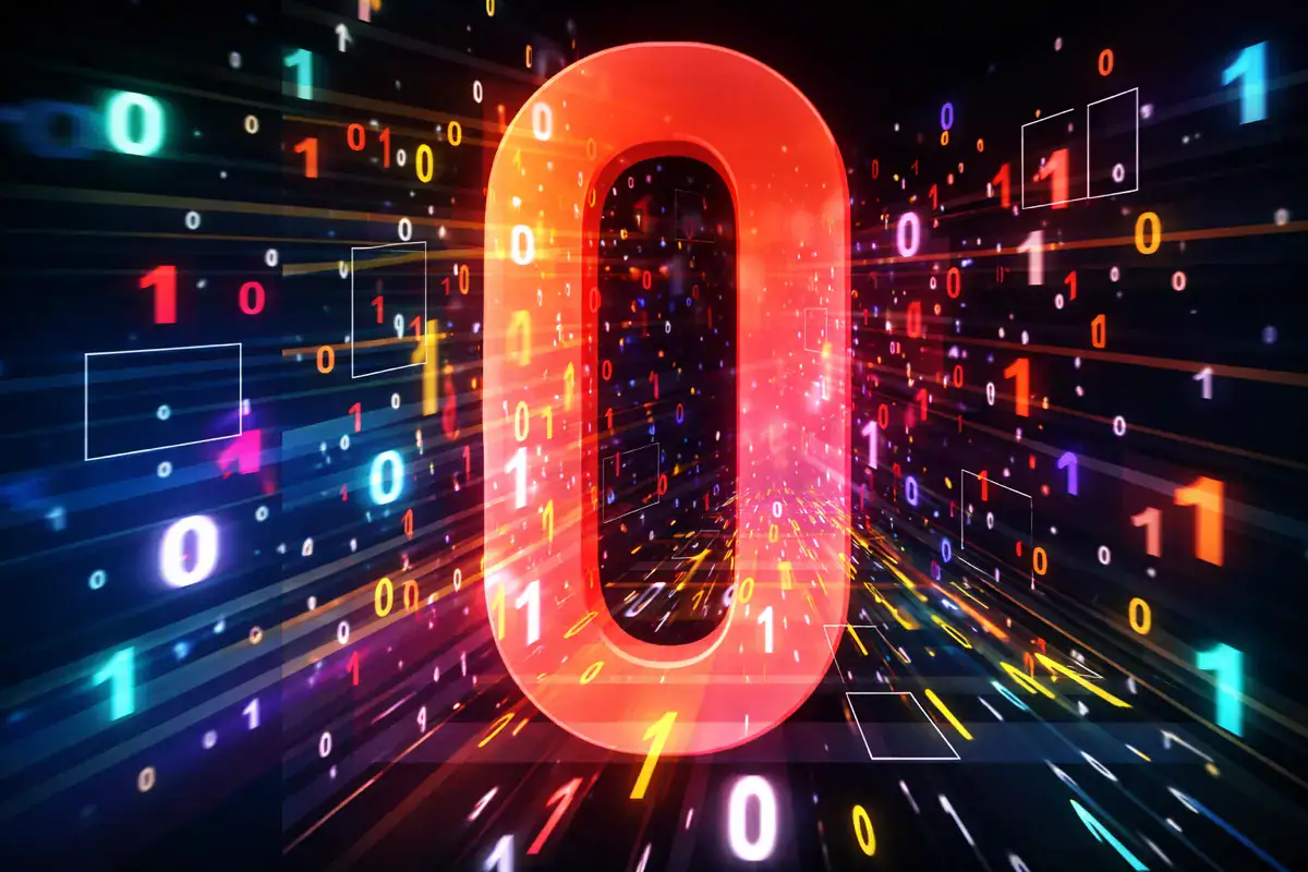 Exploit zero-click: l'attacco che arriva senza che tu faccia nulla. Exploit zero-click rappresentato da un grande simbolo numerico luminoso al centro di un flusso di dati binari, con codice digitale in movimento su sfondo tecnologico astratto.
